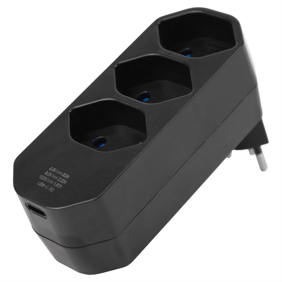 Steffen Mehrfachstecker Manta 3fach, 1xUSB-C, Dreh-Winkelstecker, schwarz