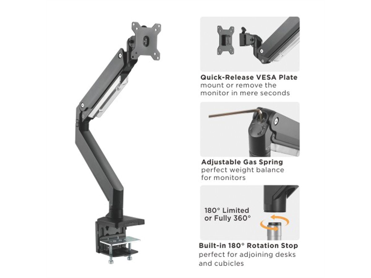 ROLINE Support LCD à gaz, fonction pivot, 5 axes de rotation, max. 15 kg