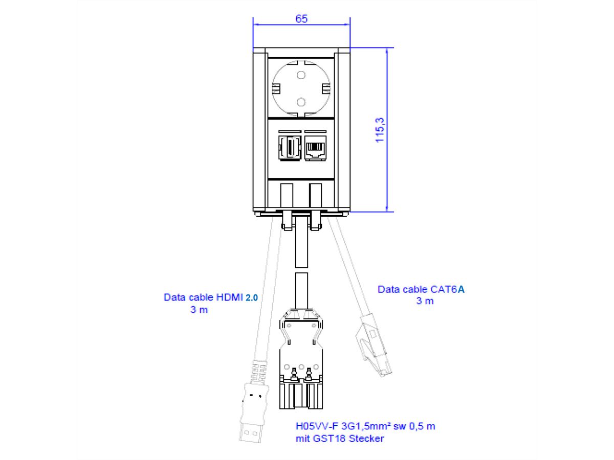 BACHMANN ELEVATOR 1xCEE7/3 1xHDMI 1xCAT6A 90° 0,5m GST18