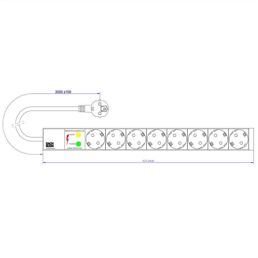 BACHMANN Bâti de prises 19" 8x avec TGBT sans interrupteur, noir