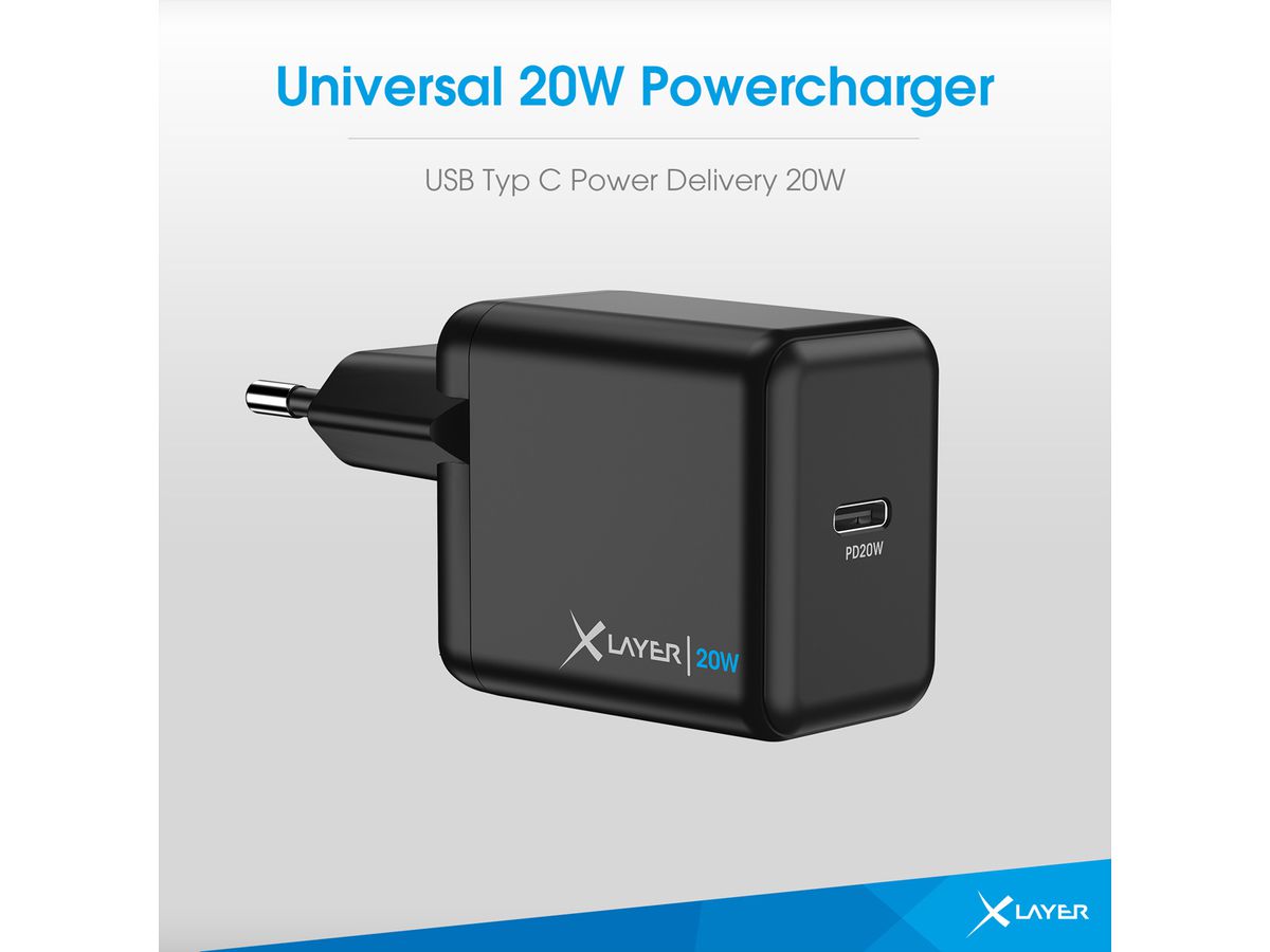XLayer Chargeur Typ C Single Charger PD 20W Black, magnétique 15W