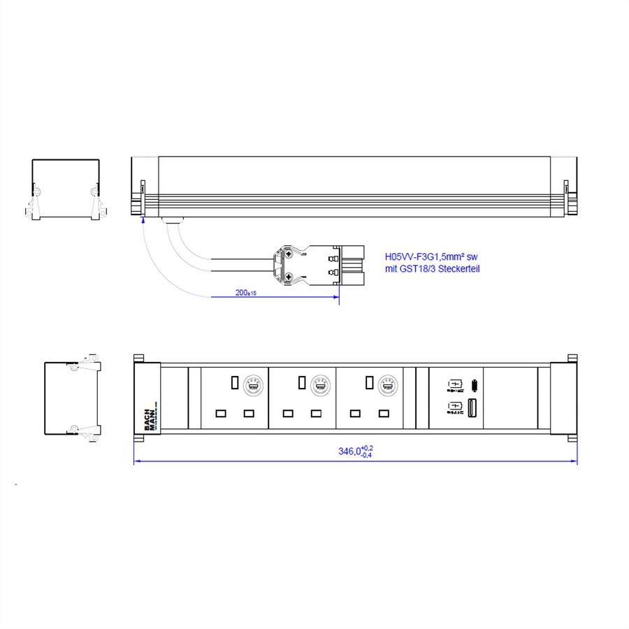 BACHMANN POWER FRAME L 3xUK, 1xUSB A/C 22W 0,2m GST18 United Kingdom