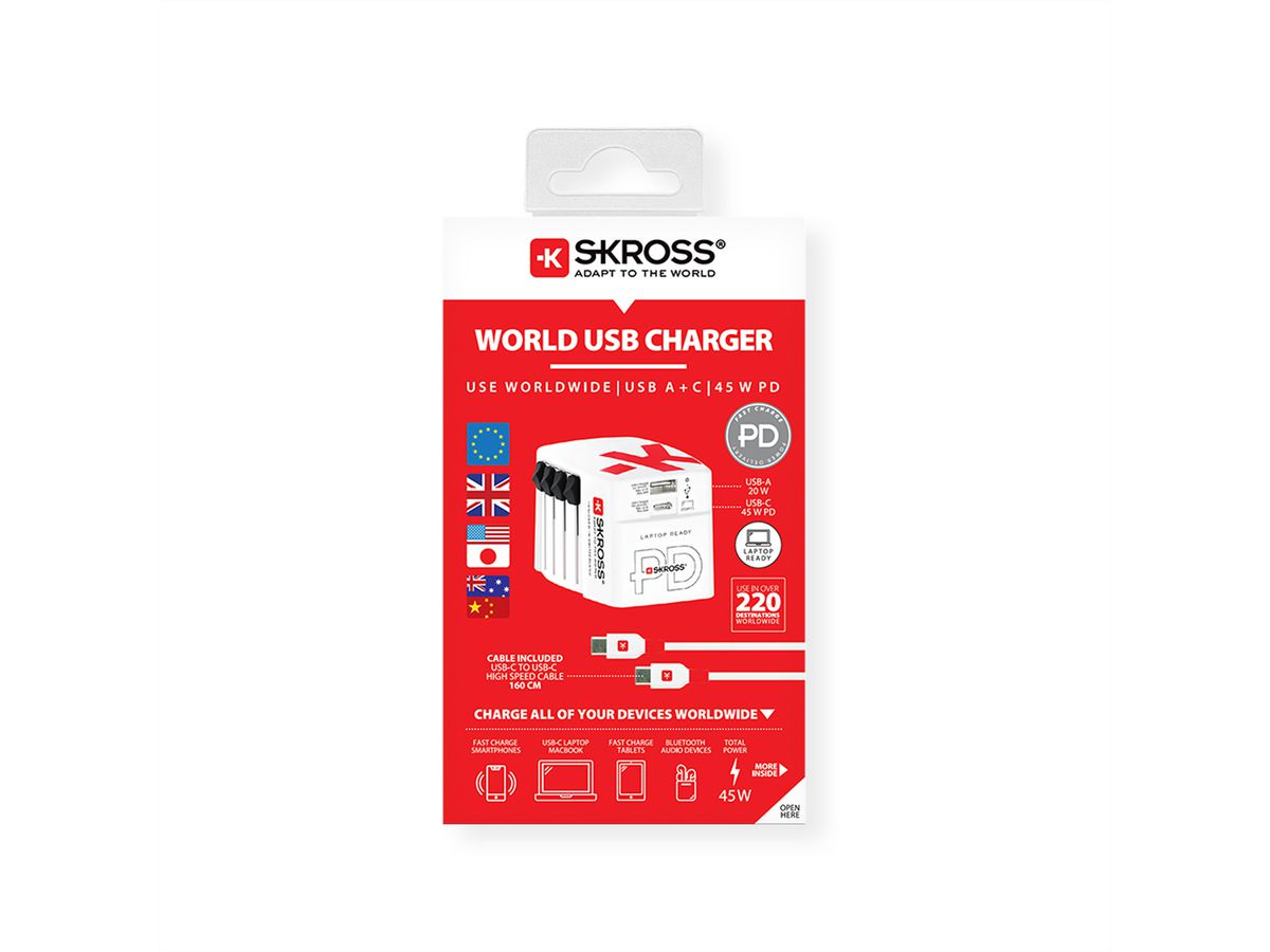 SKROSS Chargeur USB universel A/C 45PD avec câble USB-C, monde