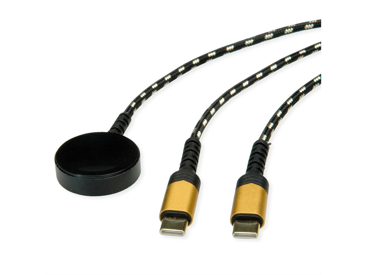 ROLINE USB Split-Ladekabel, bis 60W + Ladepad (bis 15W), für Apple-Geräte, Typ C - C, schwarz / gold, 1,2 m