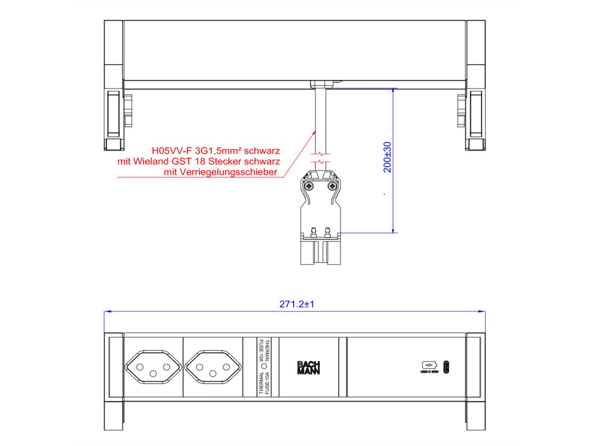 BACHMANN DESK2 2xCH 1xUSB C 60W, 0,2m GST18 INOX Schweiz