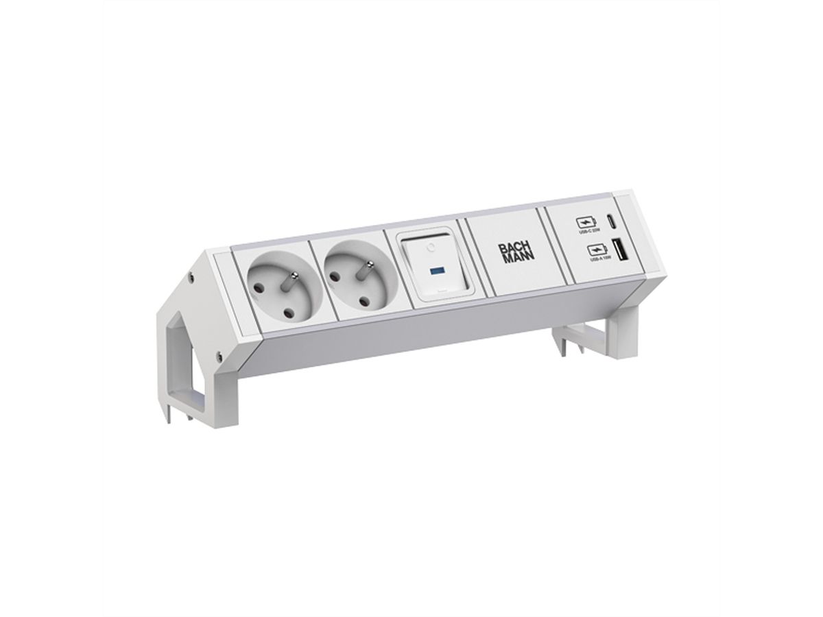 BACHMANN DESK2 ALU WHITE 2xUTE 1xUSB A/C 22W 1xSchalter 0,2m