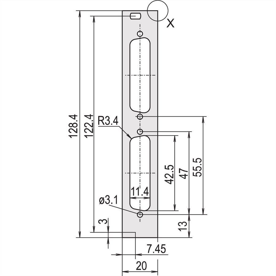 SCHROFF Face avant profilée, blindée, découpe Sub-D, 3 U, 4 HP, 2 x 25 broches, 2,5 mm, alu, anodisé avant, conducteur arrière
