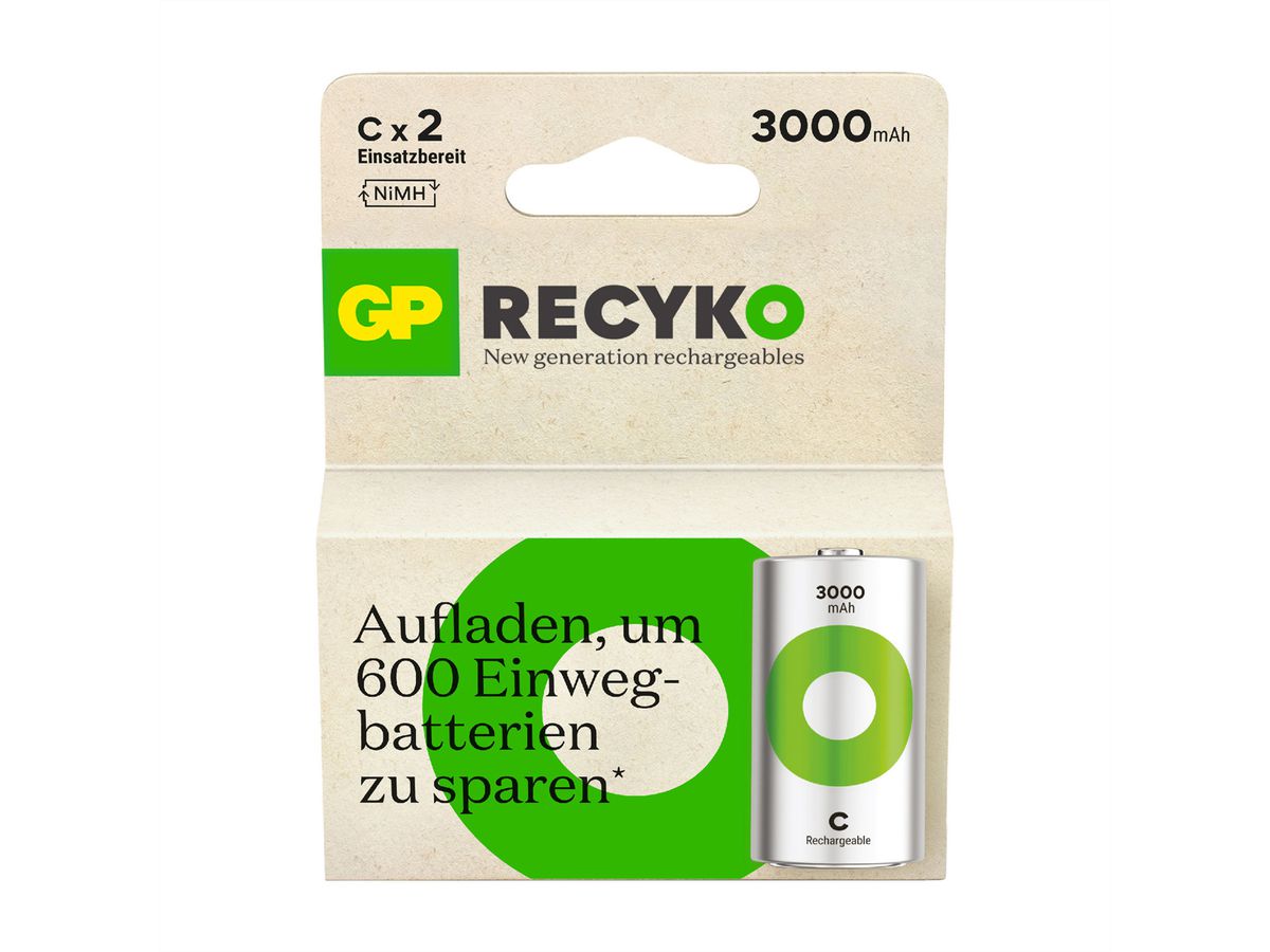 GP Batteries Recyko+, Akku 2xC, 3000 mAh, 1,2 V