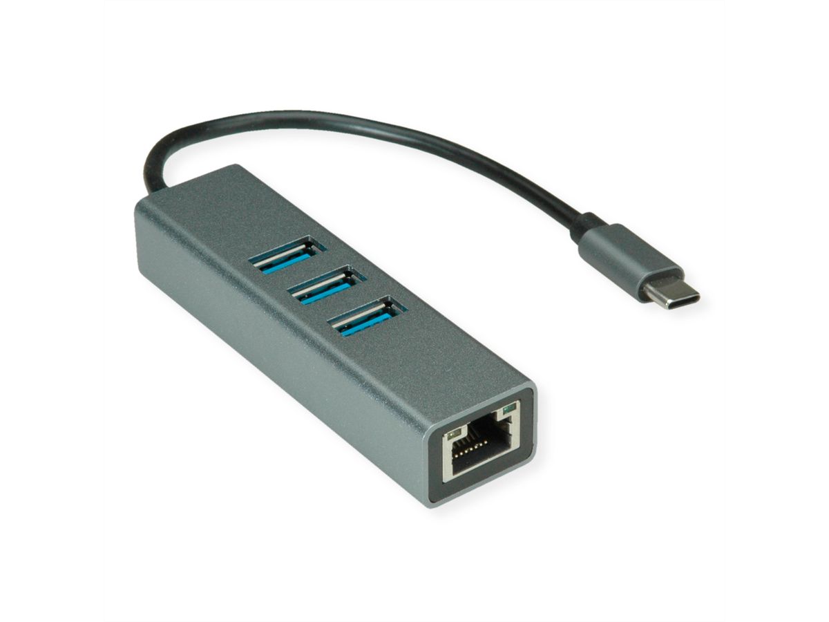 ROLINE Convertisseur USB 3.2 Gen 1 type C - Gigabit Ethernet + Hub 3x