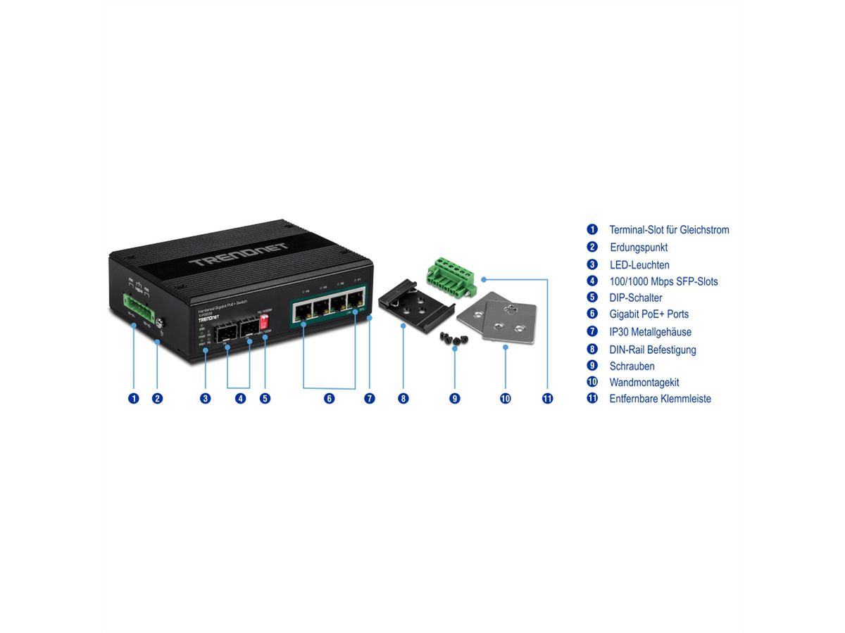 TRENDnet TI-PG62B Switch Rail DIN PoE+ Gigabit industriel à 6 ports