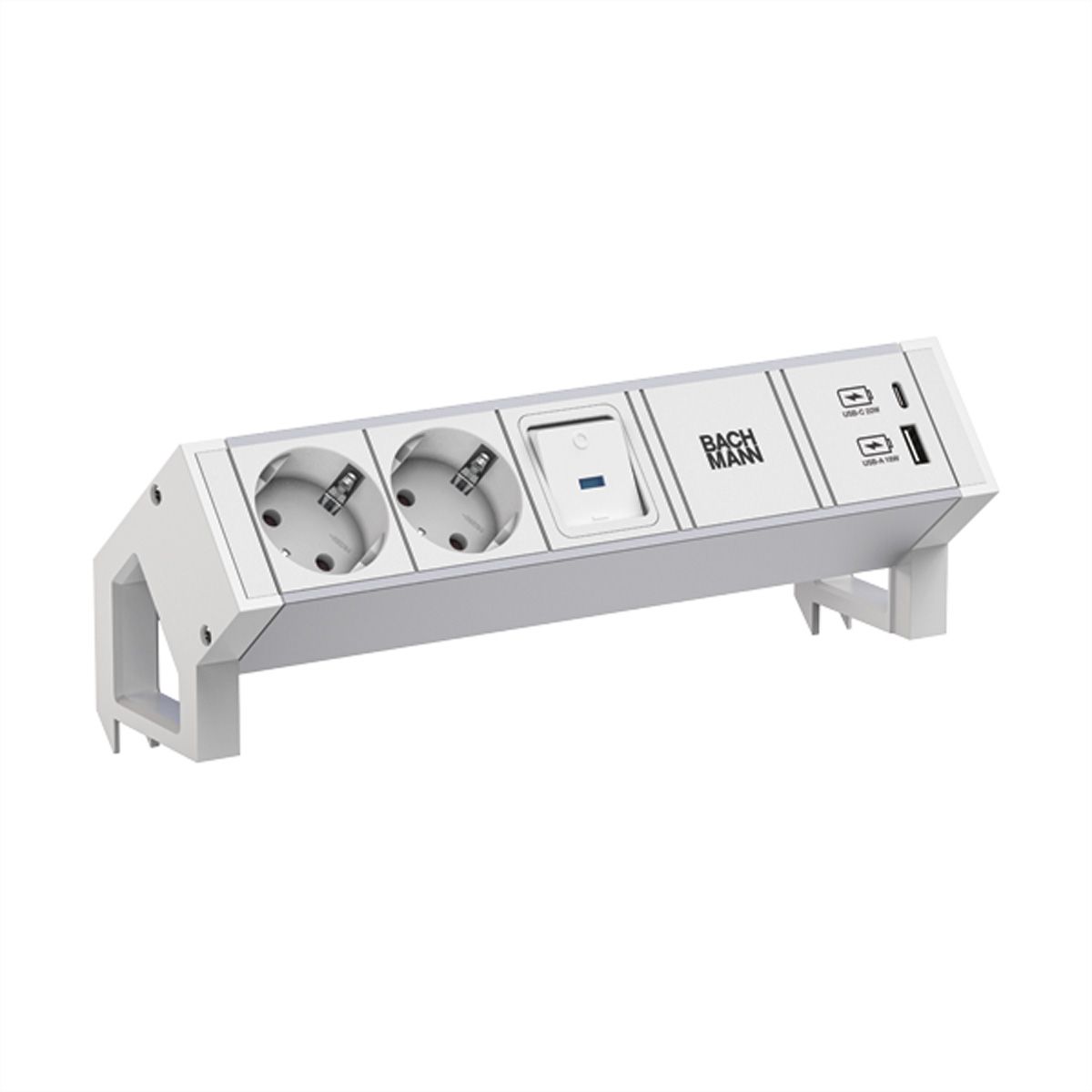 BACHMANN DESK2 ALU WHITE 2xCEE7/3 1xinterrupteur 1xUSB A/C 22W 0,2m