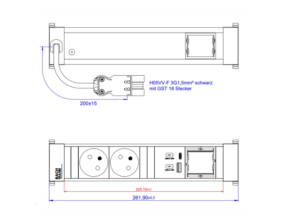 BACHMANN POWER FRAME M 2xUTE 1xCM 1xUSB A/C 22W 0,2m GST18
