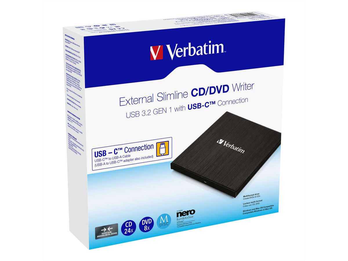 Verbatim CD/DVD Laufwerk extern, USB-C 3.2, 1,5 GBit/s