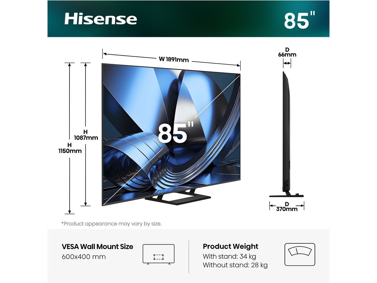Hisense TV 85U7DSE 85", Mini-LED 4K, 144Hz, 1300 Nits