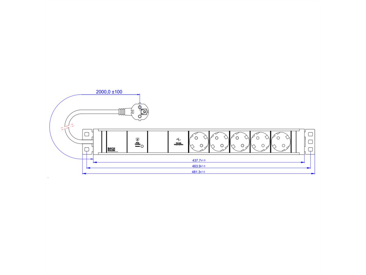 BACHMANN 19" 1,5HE 5xCEE7/3 1xGVS-Plus 2,0m CEE7/7