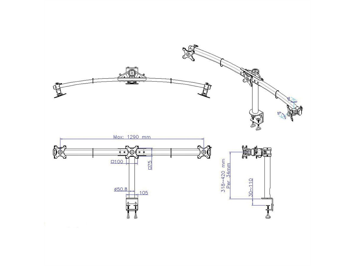 VALUE LCD-Triple-Arm Trägerstange, schwarz, Tischmontage, bis 3x 8 kg