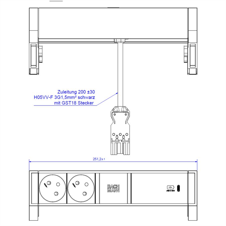 BACHMANN DESK2 2xUTE 1xUSB C 60W 0,2m GST18 INOX