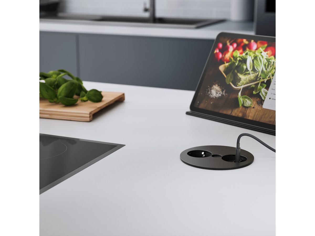 BACHMANN TWIST 1x Schutzkontakt, Aderendhülsen, USB-Charger, Schutzkontaktmontagestecker, schwarz, 2 m