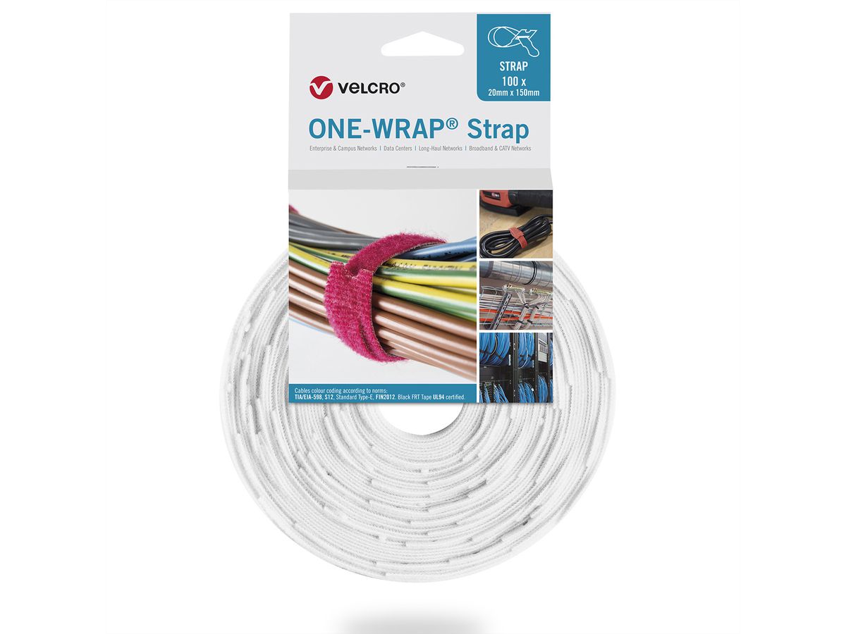 VELCRO® One Wrap® Strap 20mm x 200mm, 100 pièces, blanc