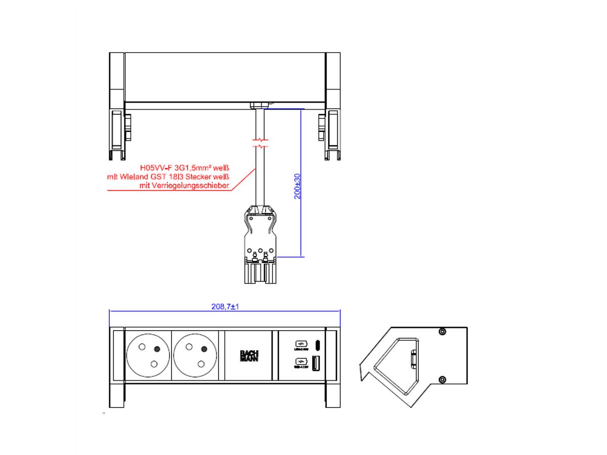BACHMANN DESK2 white 2xUTE 1xUSB A/C 22W 0,2m GST18