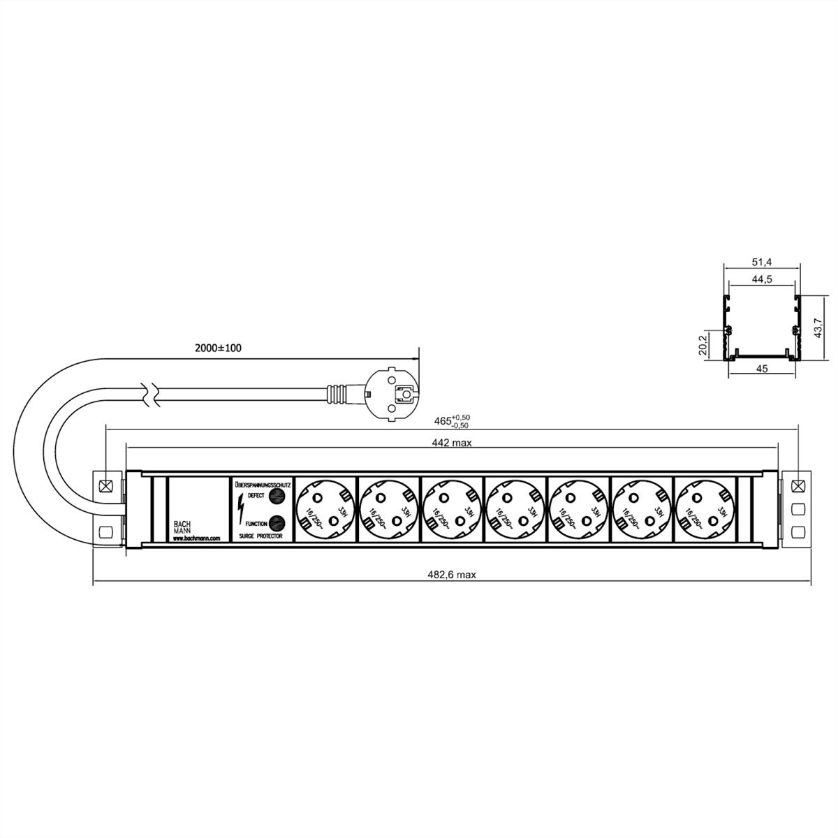BACHMANN 19" 1,5UH 7xCEE7/3 ws 1xSPD courant 2,0m CEE7/7