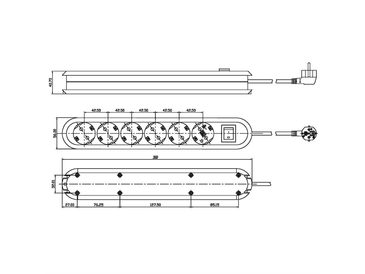 BACHMANN Prise multiple, 6x, interrupteur, blanche, noir, 3 m