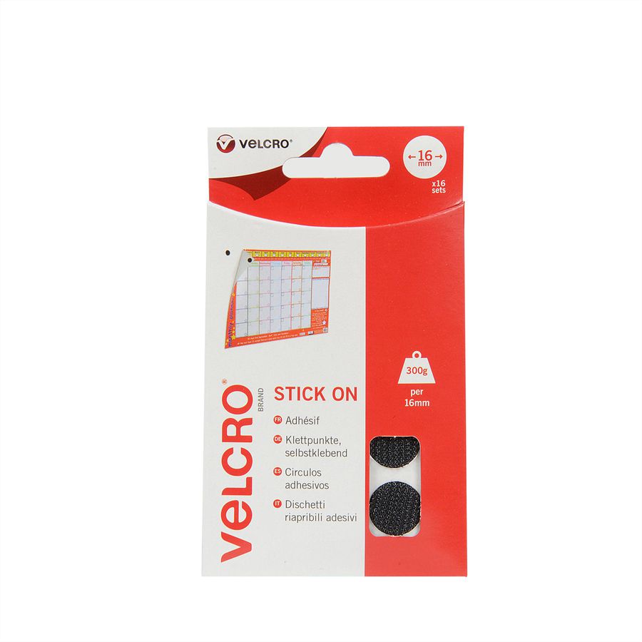 VELCRO® Boutons ronds 16mm x 16 noirs, crochets & velours autocollants