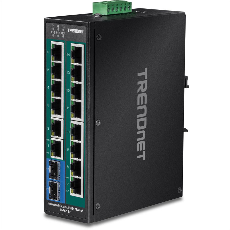 TRENDnet TI-PG162 Switch Rail DIN PoE+ Gigabit industriel à 16 ports