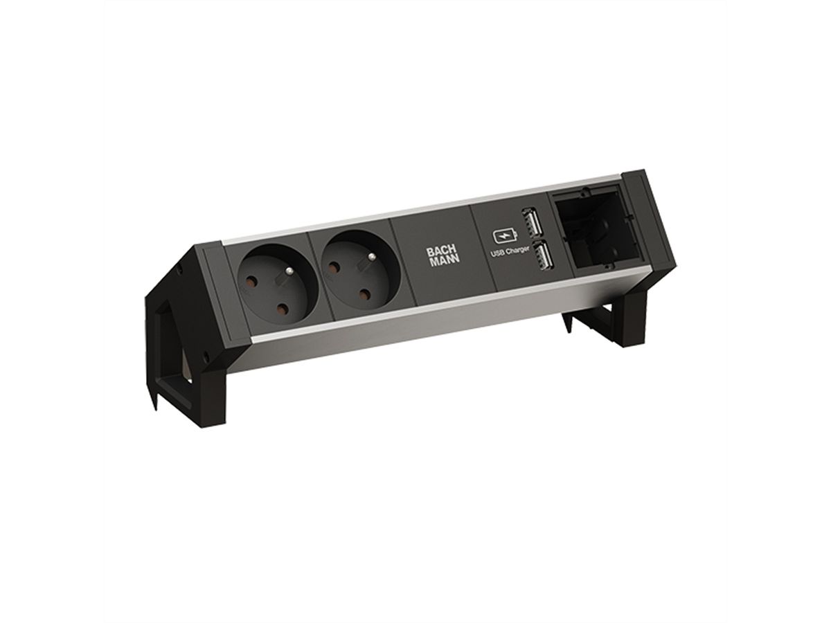 BACHMANN DESK2 ALU BLACK 2xUTE 1xCM 1xUSB Charger 0,2m GST18