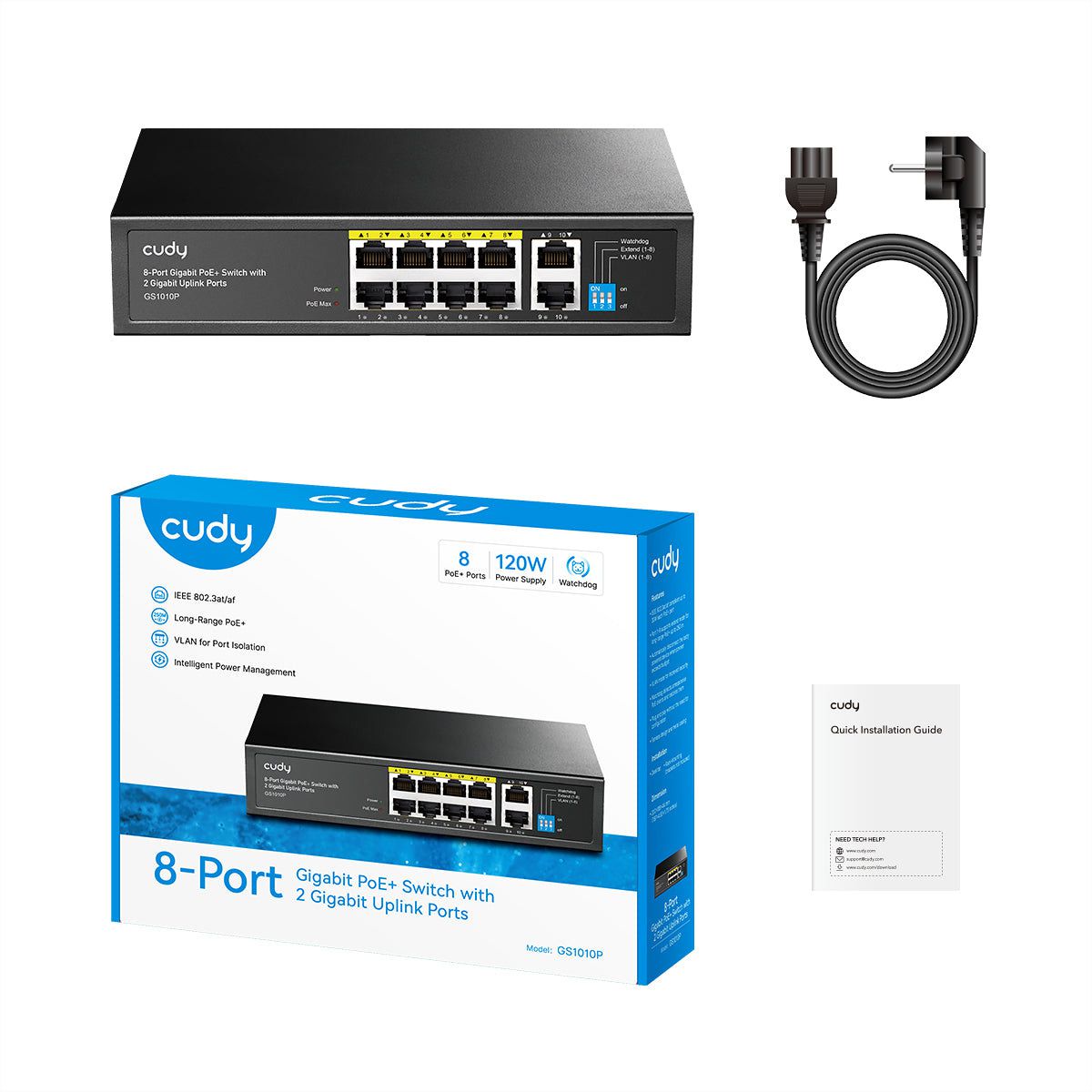 CUDY GS1010P 8-Port Gigabit PoE+ Switch mit 2 Gigabit Uplink Ports 120W
