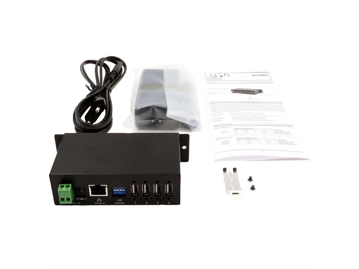 EXSYS EX-6003HMVS Device Server 4x USB 2.0, DIN-Rail-Kit, Metall-Gehäuse