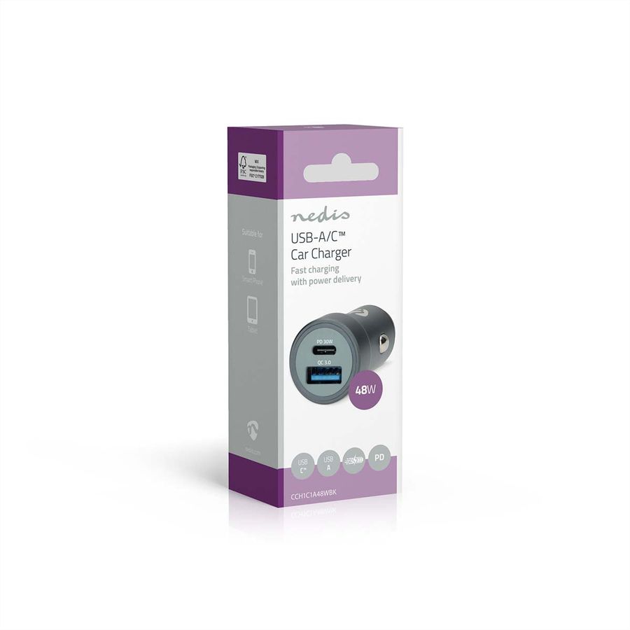 Nedis Auto-Ladegerät 48W, USB-C/USB-A, PD3.0, dunkelgrau