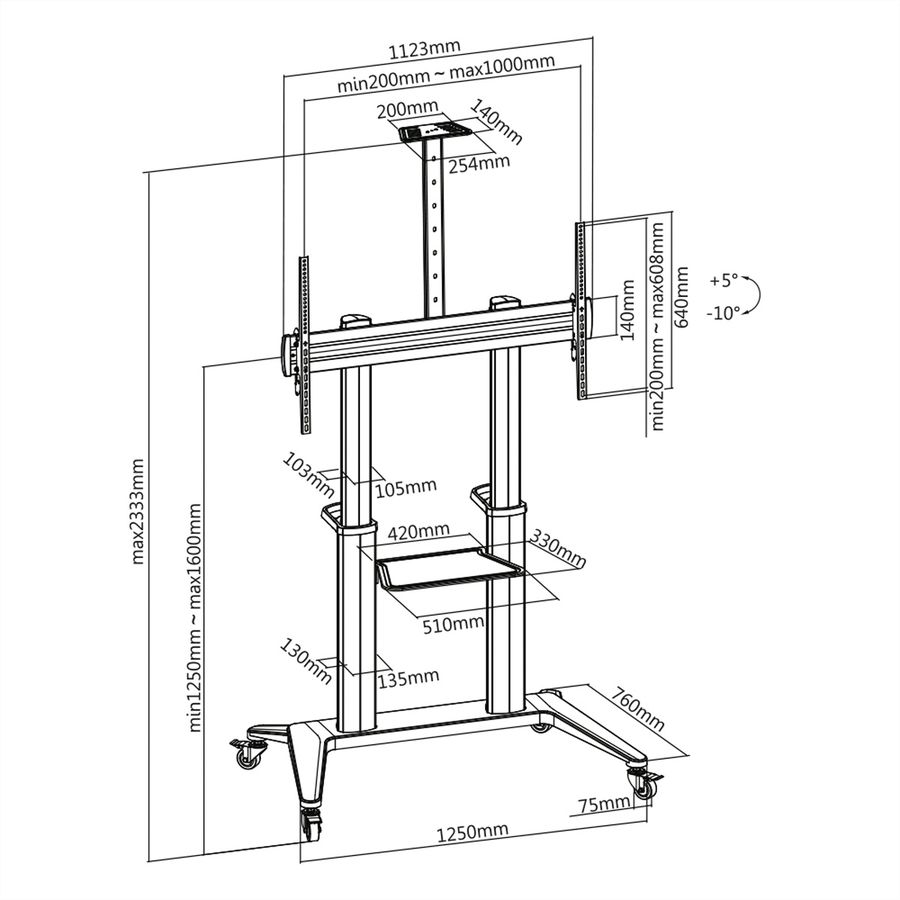ROLINE Support LCD/TV sur roues, 70–120 pouces, jusqu'à 140 kg, noir