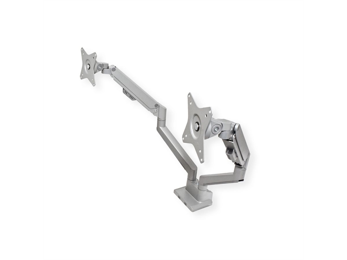 ROLINE LCD-Doppelarm, Tischmontage, Gasfeder, 5 Gelenke, 17-32 Zoll, bis 2x 9 kg, silberfarben