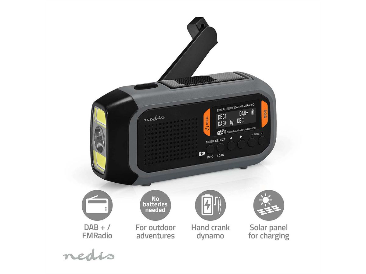 Nedis Notfallradio DAB FM mit Handkurbel Solarpanel und Powerbank, Tragbares Notfallradio fuer Notfaelle, Camping und Outdoor Anwendungen