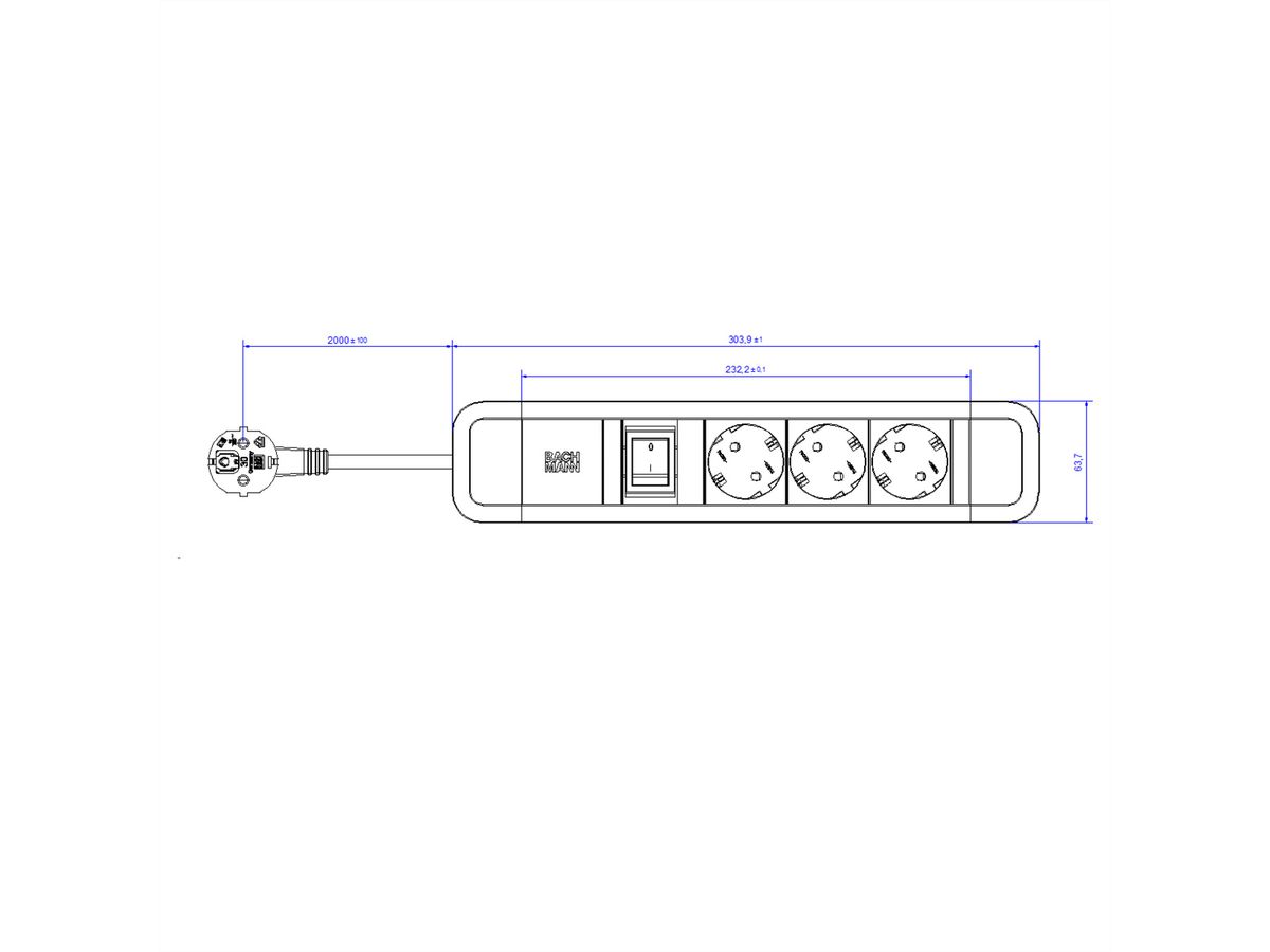 BACHMANN PRIMO 2 3xCEE7/3 1xSchalter 2,0m CEE7/7 RAL5010