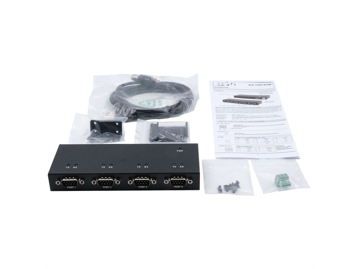 EXSYS EX-13074HM USB 2.0 zu 4 x Seriell RS-232 Ports Metallgehäuse FTDI Chip-Set