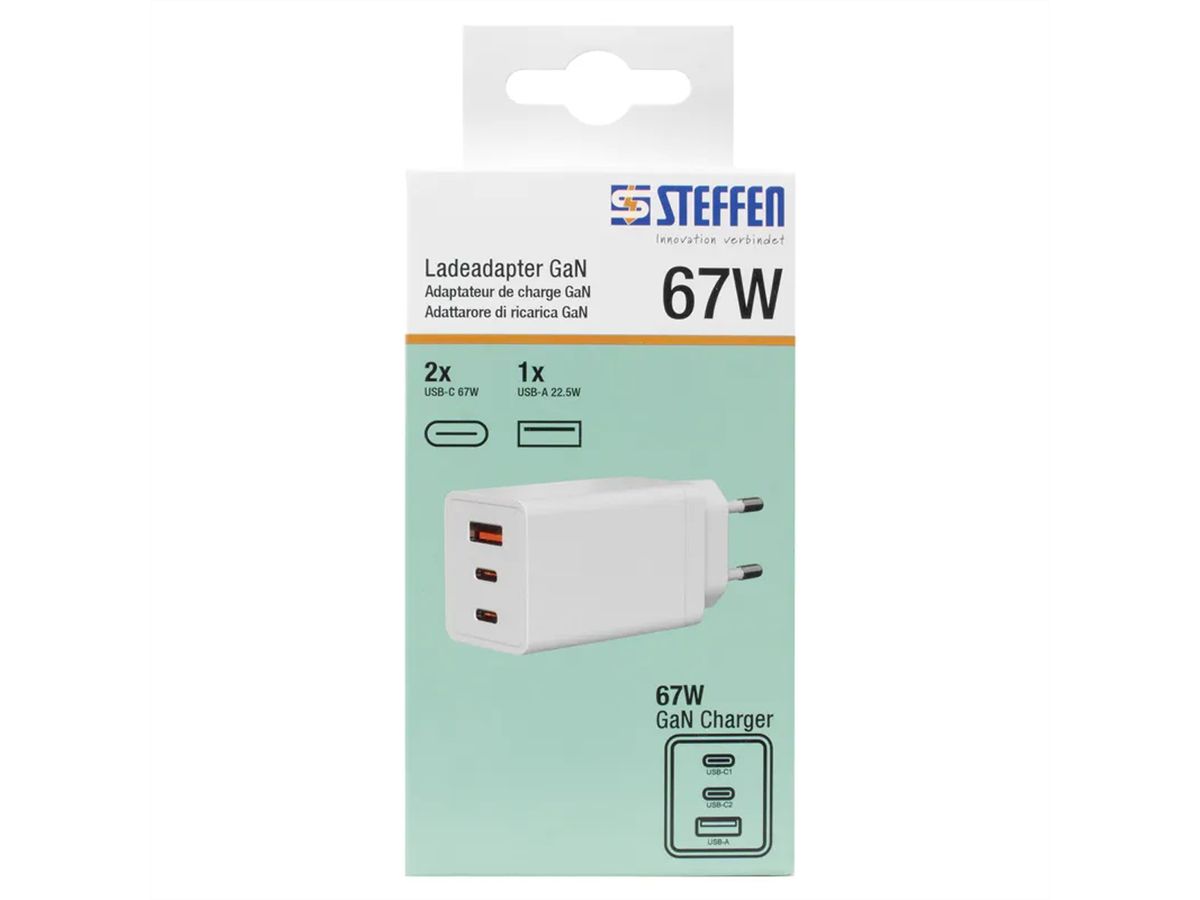 Steffen Adaptateur de charge GaN 67W, 1xUSB-A + 2xUSB-C max. 5,85A blanc