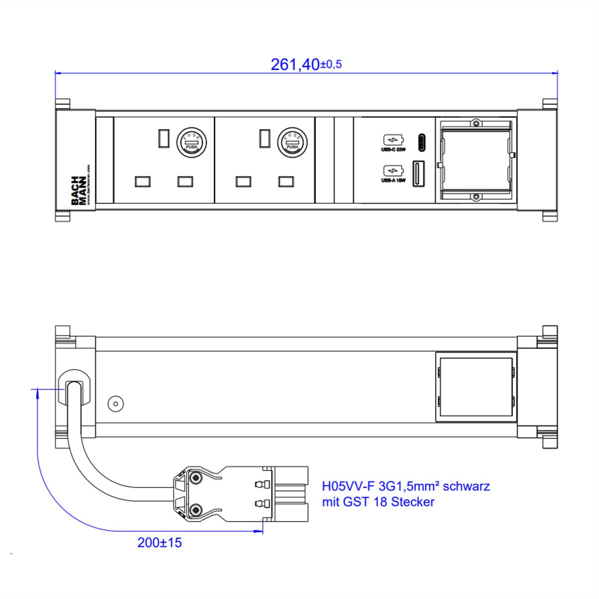 BACHMANN POWER FRAME M 2xUK USB A&C 22W, 1xCM 0,2m GST18 United Kingdom