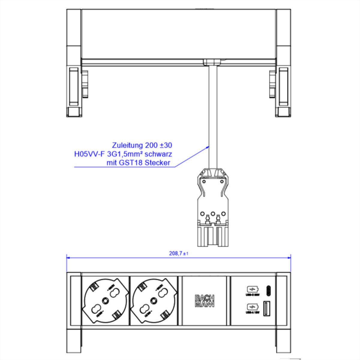 BACHMANN DESK2 2xP40 1xUSB A/C 22W, ITALIE