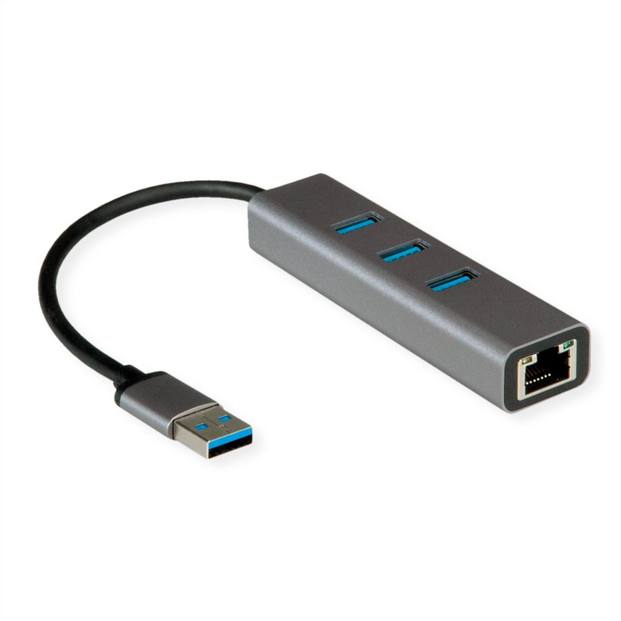 ROLINE Convertisseur USB-A - Gigabit Ethernet + Hub