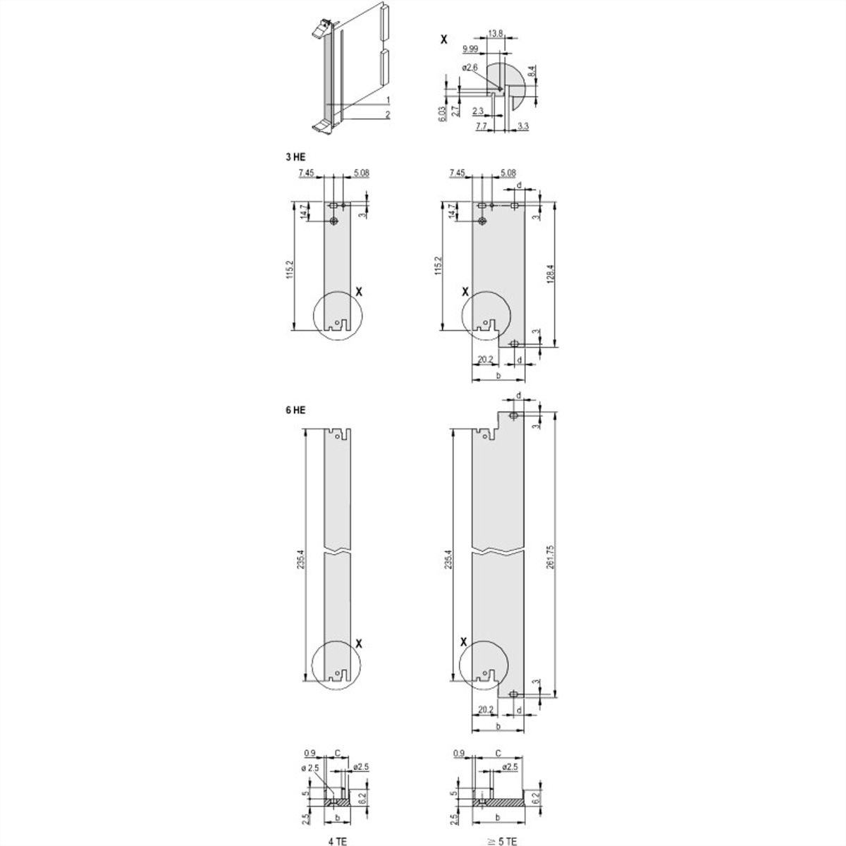 SCHROFF Plug-In Unit Face avant profilée pour IEL, IET, Poignée type 2, 3 U, 8 CV, 2,5 mm, Al, Anodisé frontal, Conducteur arrière