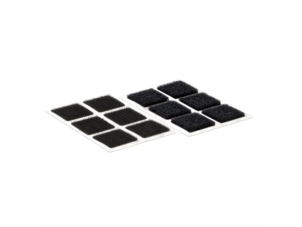 VELCRO® Boutons carrés 25x25mm x 24 noirs, crochets & velours autocollants