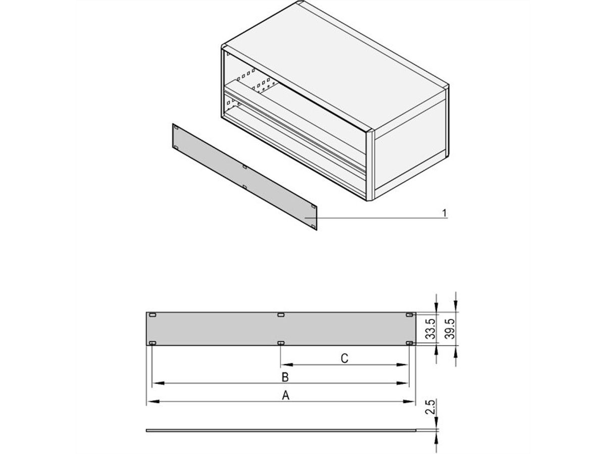 SCHROFF Face avant 1 U, 28 F, Montage horizontal sur rail, 2,5 mm, alu, face vue anodisée, face d'appui conductrice