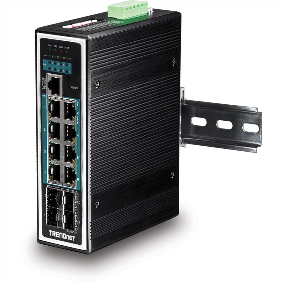 TRENDnet TI-PG1284i Switch Rail DIN géré PoE+ Gigabit industriel à 12 ports
