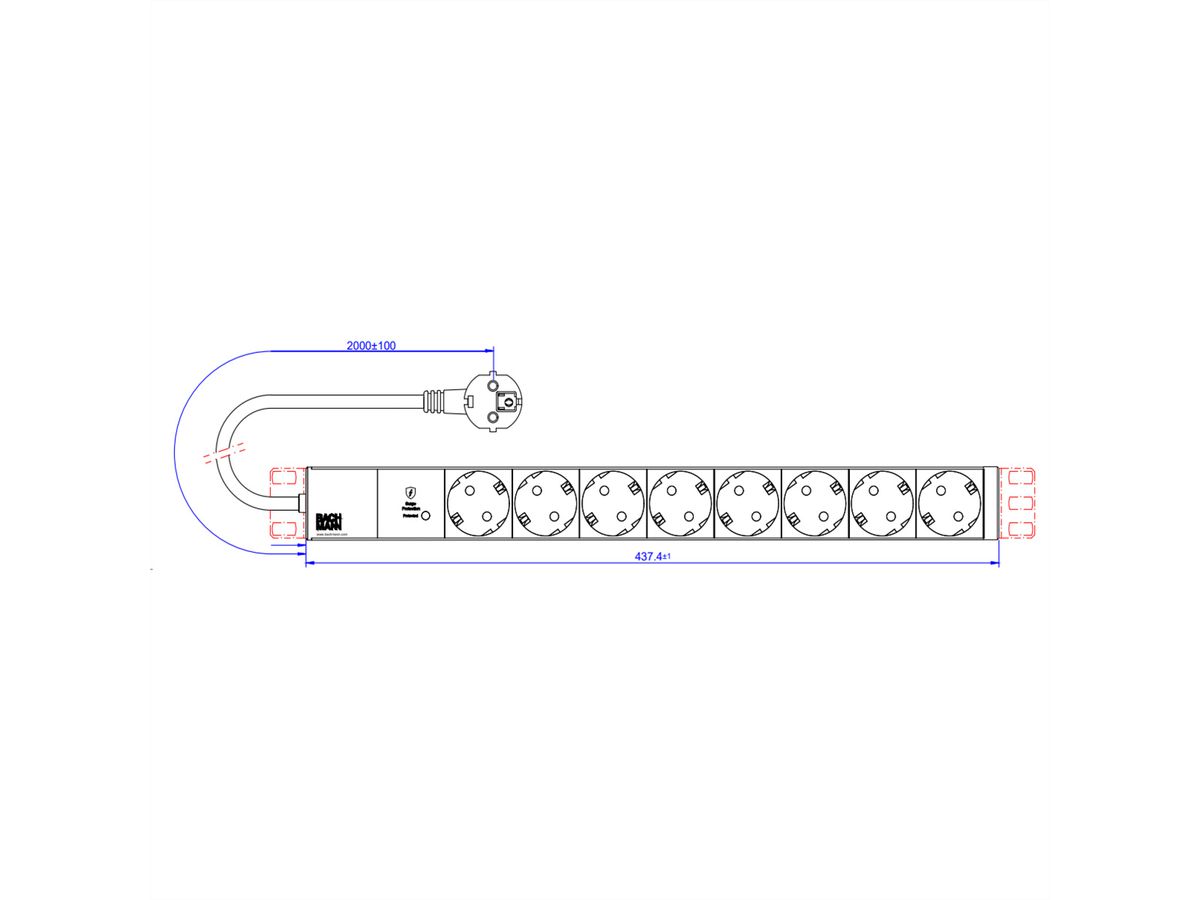 BACHMANN 19" 1UH 8xCEE7/3 RAL7035 1xSPD-Plus 2,0m CEE7/7