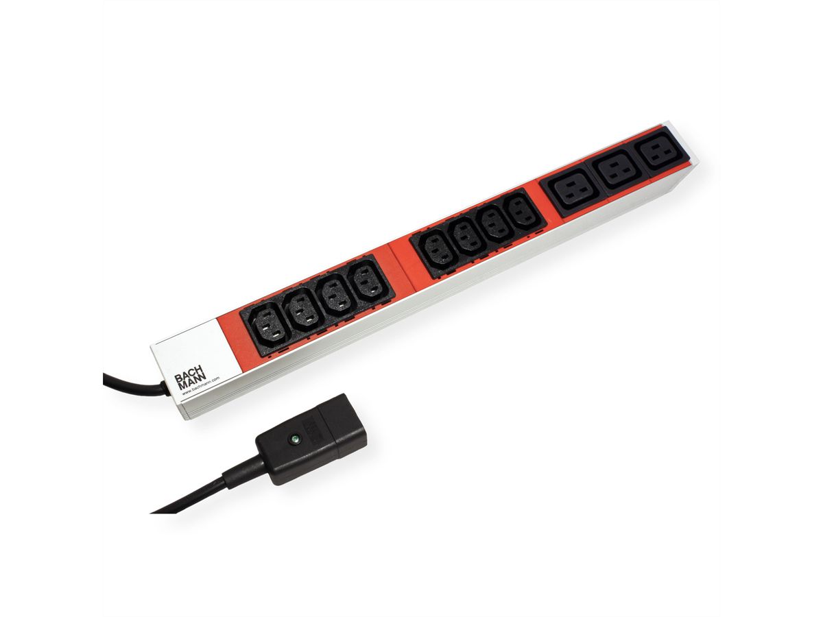 BACHMANN IT PDU ALU 1U 8x C13 3x C19, câble d'alimentation avec fiche C20