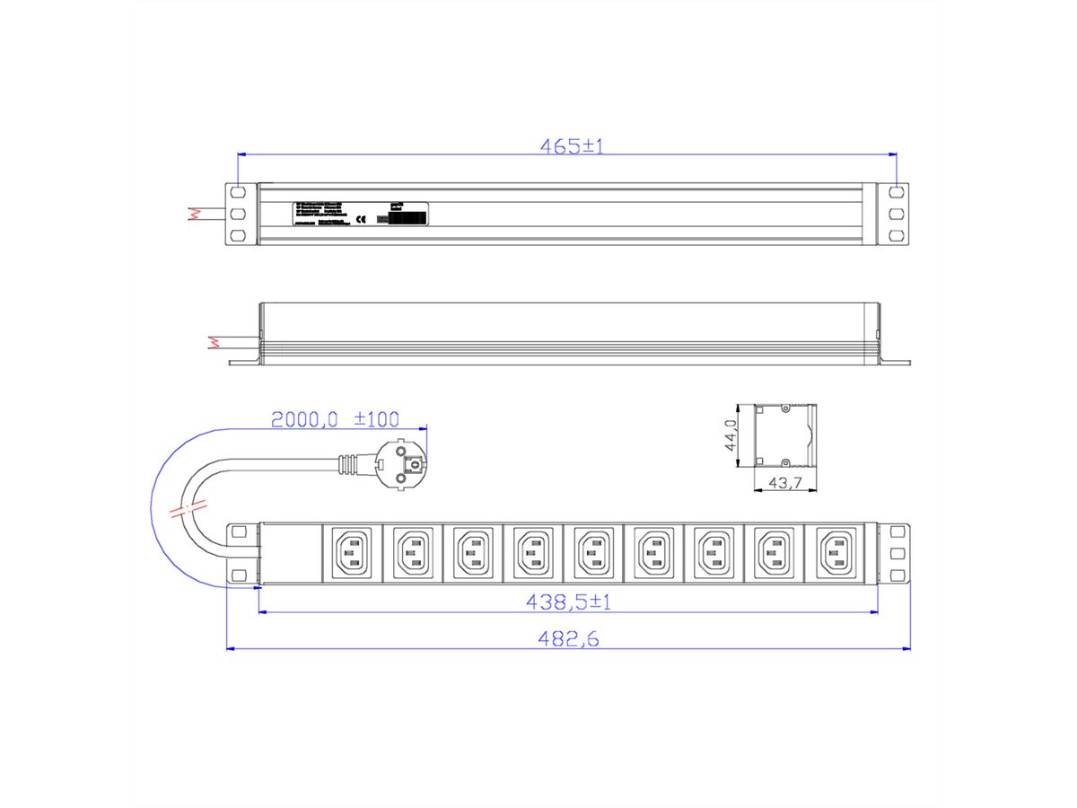 BACHMANN 19" Steckdosenleiste mit 9x C13 Buchsen, mit Schutzkontakt-Stecker