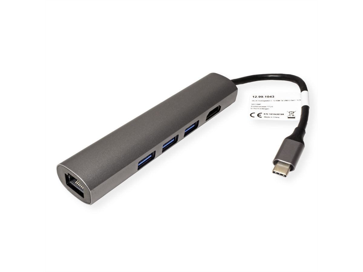 VALUE Station d'accueil USB type C, 4K HDMI, 3x USB type A, Gigabit Ethernet, gris