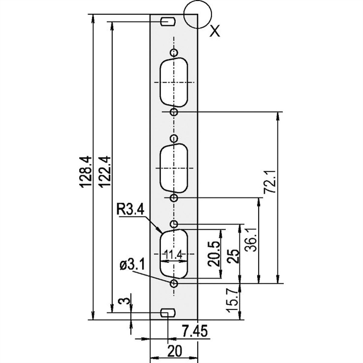 SCHROFF Face avant, plate, Refrofit Shielding, D-Sub Cutout, 3 U, 4 HP, 3 x 9 broches, 2,5 mm, alu, anodisé avant, conducteur arrière